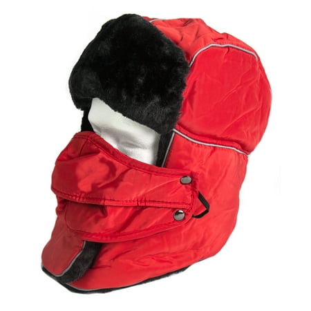 Sakkas Alex Unisex Ushanka Faux Fur Windproof Trapper Aviator Hat Removable Mask - 18218-Red - One Size Regular