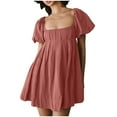 thumbnail image 2 of TMOYZQ Women's 2025 Summer Short Puff Sleeve Casual Short Mini Dresses Tie Back Square Neck A-Line Sundress, 2 of 9
