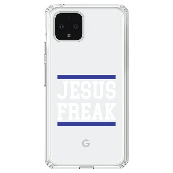 DistinctInk Clear Shockproof Hybrid Case for Google Pixel 4 (6.1" Screen) - TPU Bumper Acrylic Back Tempered Glass Screen Protector - Jesus Freak White Blue