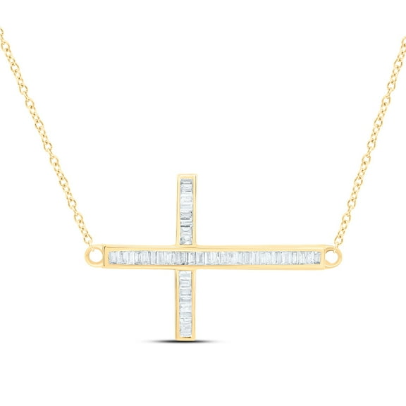 10K Yellow Gold Real Baguette Diamond Women's Sideways Cross 18" Necklace 1/4 CT