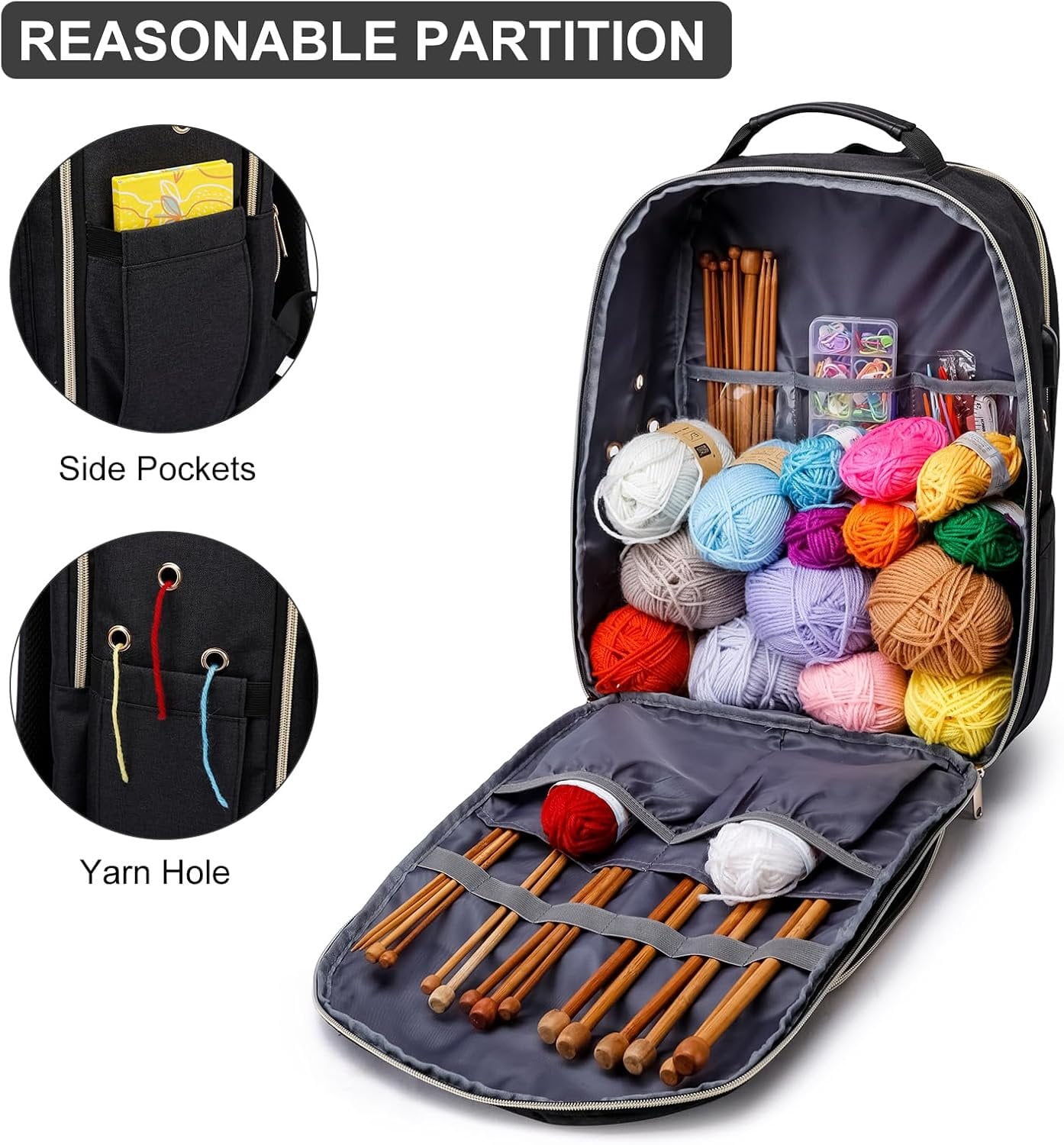 Knitting Bag Backpack, Crochet Bag Tote, Large Yarn Storage Tote Bag with USB  Port, Mothers Day Gifts Yarn Holder Case for Carrying Projects, Knitting , Yarn Supplies, Black