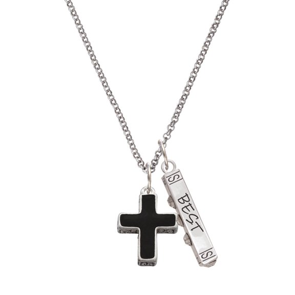 Delight Jewelry Silvertone Large Black Enamel Cross with Decorated Sides Silvertone Best Friends Forever Bar Charm Necklace, 23"