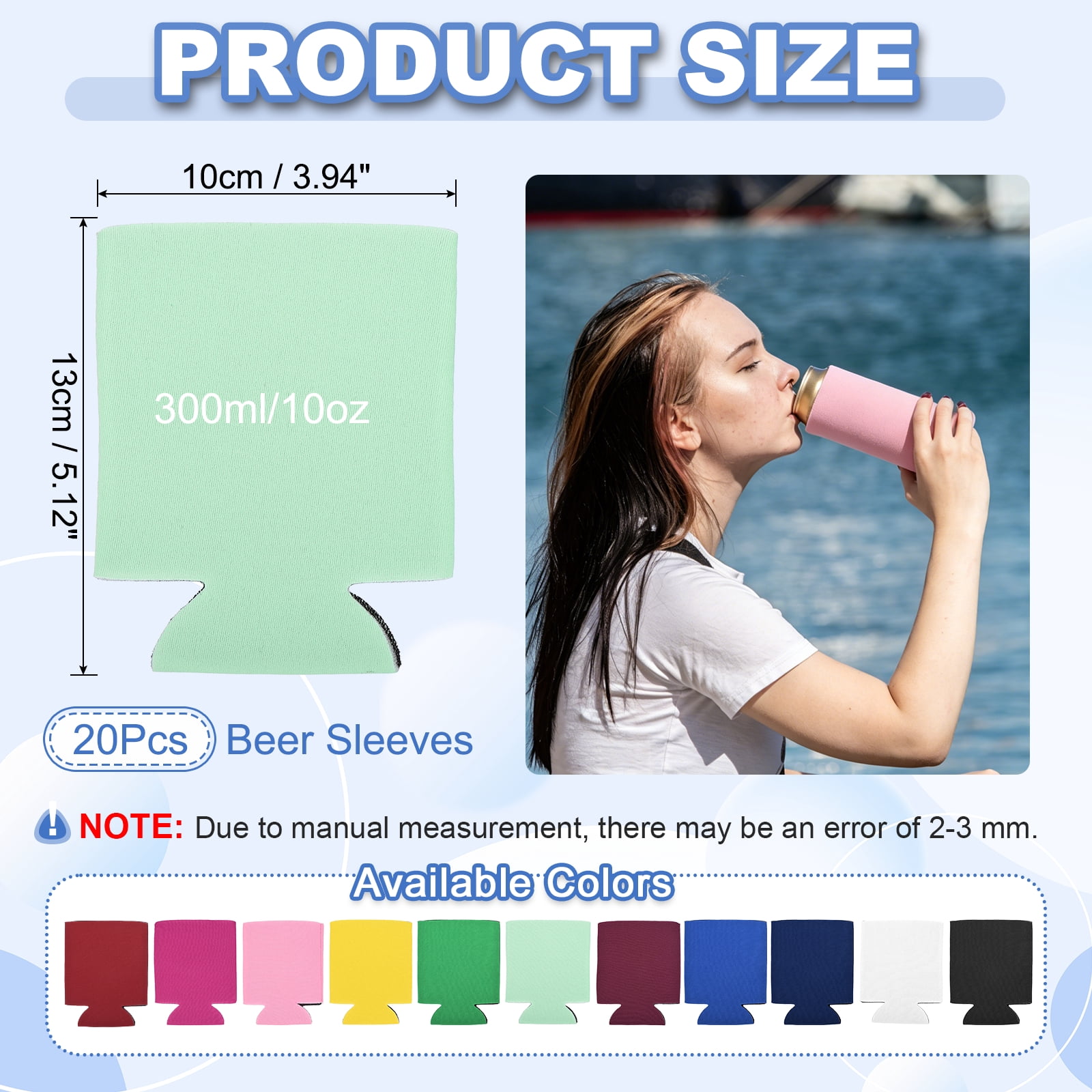 Uxcell 20Pcs Beer Can Coolers Covers, Neoprene Blank Drink Cooler Sleeves Collapsible Insulated Reusable Soda Cover for 10oz Bottles Seltzer DIY Weddings Beach Picnic Party, Mint Green