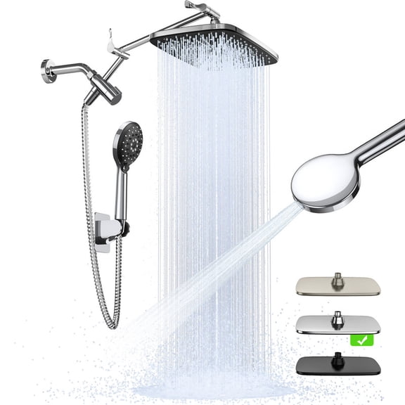 Ophanie 12 Inch Coverage High Pressure Rain Shower Head Combo with Adjustable Extension Arm, Wide Rainfall & 5 Modes Handheld Showerhead, Dual Anti-Clog Nozzles for Ultimate Experience, Silver Chrome