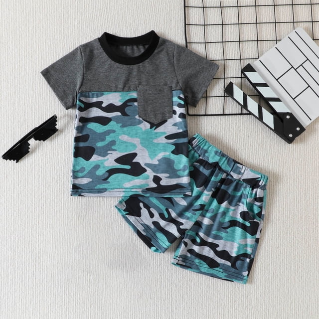 EGNMCR Ensembles de Chemisiers et Chemises à Manches Courtes à Col Rond Tout-Petits Enfants Bébés Garçons Mode Mignon Manches Courtes Imprimé Camouflage Décontracté Ensemble de Shorts avec Poche Ensemble Fille