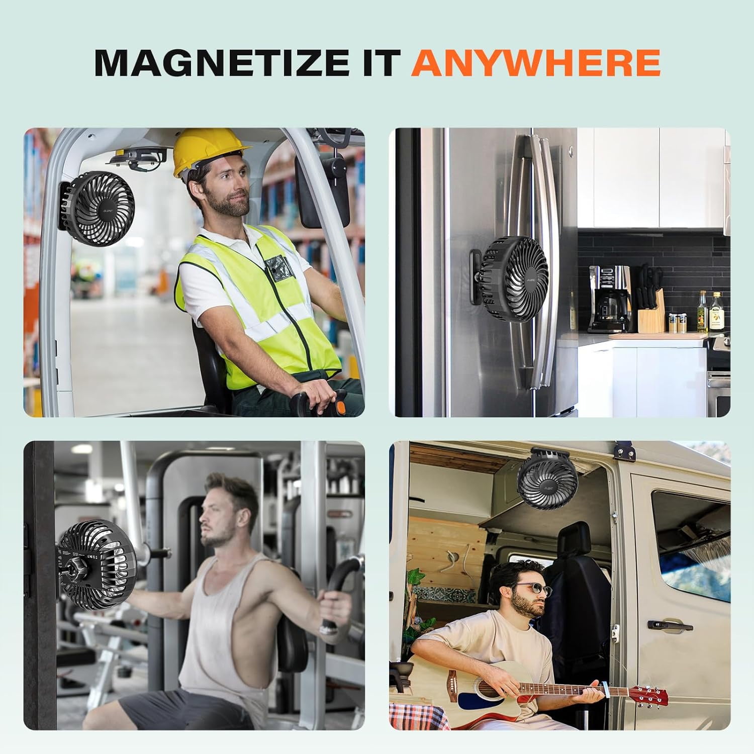 A2C Portable Fan, Rechargeable Magnetic Base Battery Operated 3-Speed Strong Airflow, Mini Desk Fan, Golf Cart, Forklift, Camping, Gym, Outdoor, Black