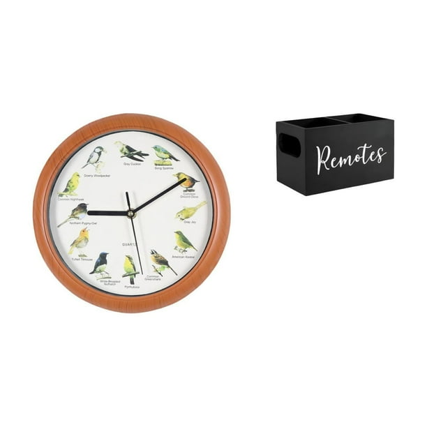Reloj de pared,Reloj de pared con pájaro cantor Relojes de pared con pájaros,Organizador de almacenamiento de escritorio,Soporte para control remoto de TV de madera,Organizador remoto con 2