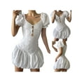 thumbnail image 6 of hirigin Women Summer Mini Dress Puff Short Sleeve Hollow-Out Lace V-Neck Casual Dress Elegant Buttons Short Dress, 6 of 7