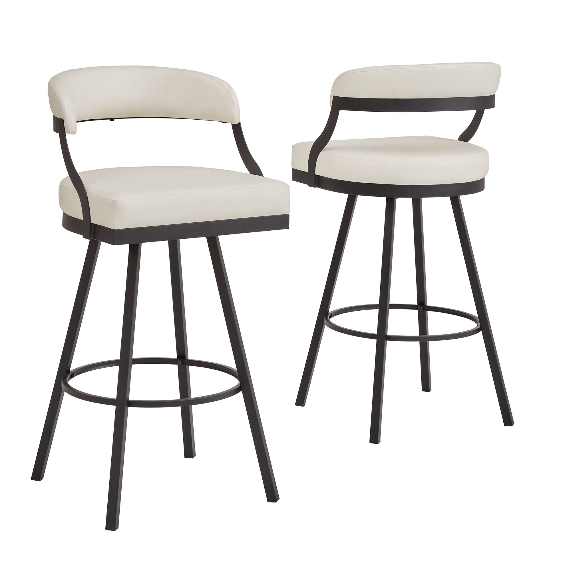 Weston Home Jala Black Finish Metal Vegan Leather Swivel Bar Height Chair, Set of 2, White