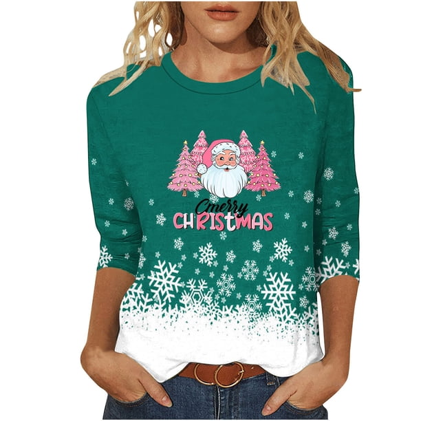 Camisetas de Navidad para Mujeres, 3/4 Manga Cuello Redondo Blusa con Estampado de Vacaciones, Top de Moda Casual