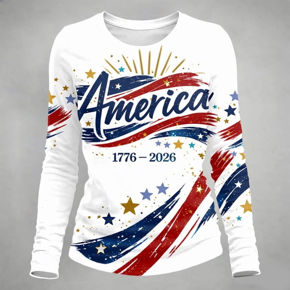 Trendfront Womens America Graphic T Shirt 250th Anniversary 4th Of July Flag Ribbon Stars 1776 2026 Print Crewneck Long Sleeve Tee Patriotic Summer Holiday Tops