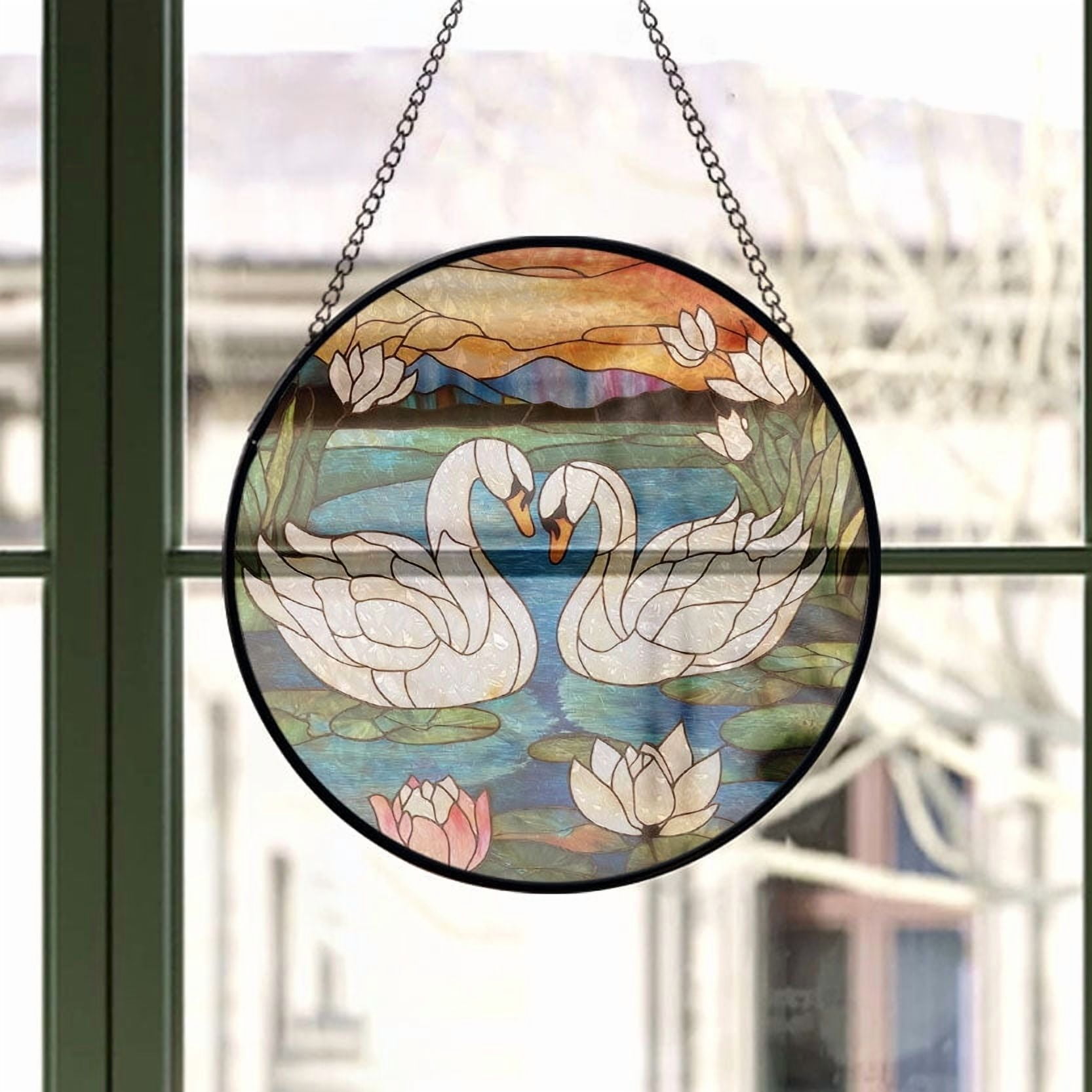 Stained Glass Window Hanging Swans - Stained Glass Window Hanging Swans, Festival Gift Ornament, Home Wall & Window Art, Brightens Any Space with Light