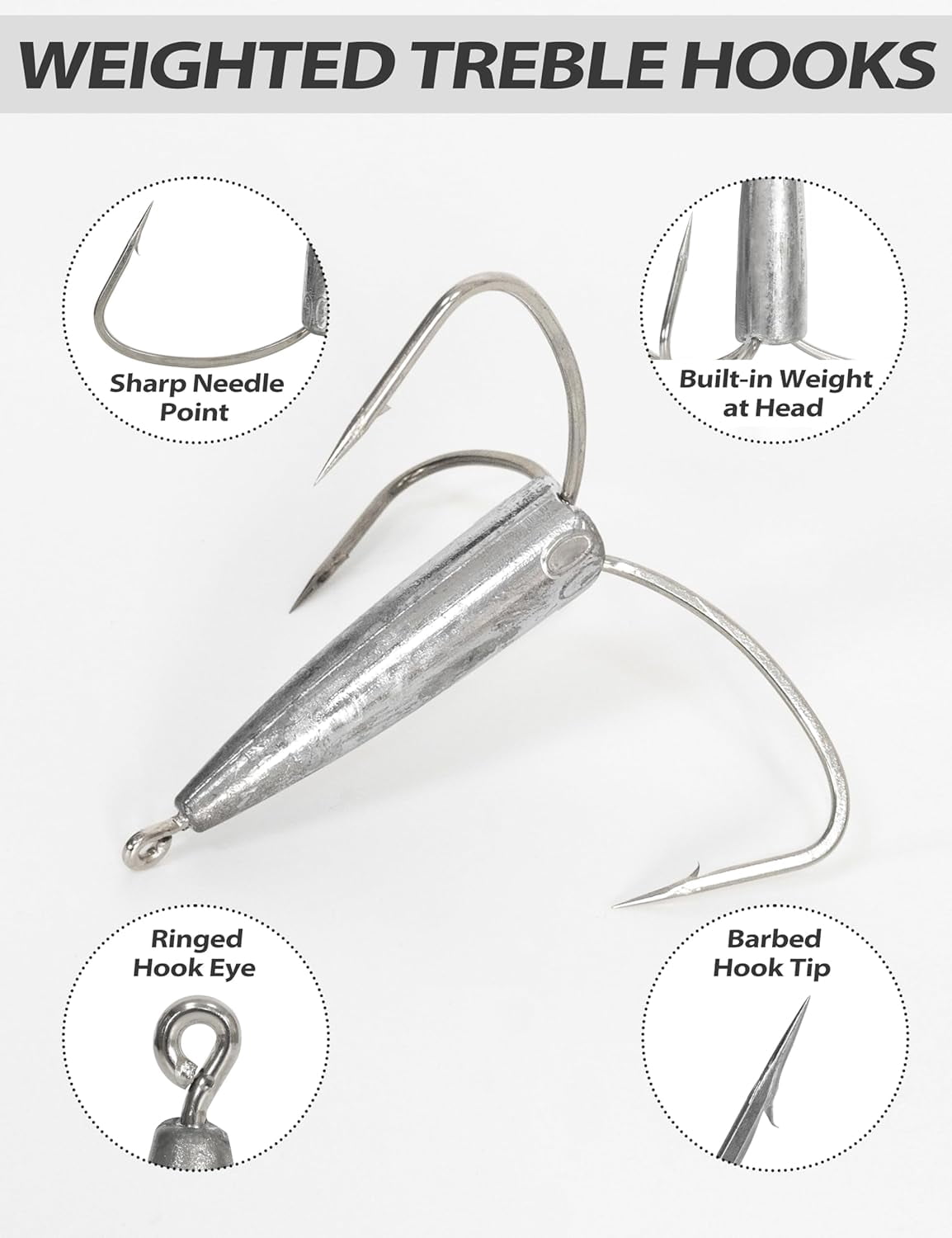 BLUWING 12/0 Weighted Treble Hooks 2pcs Snag Hooks High Carbon