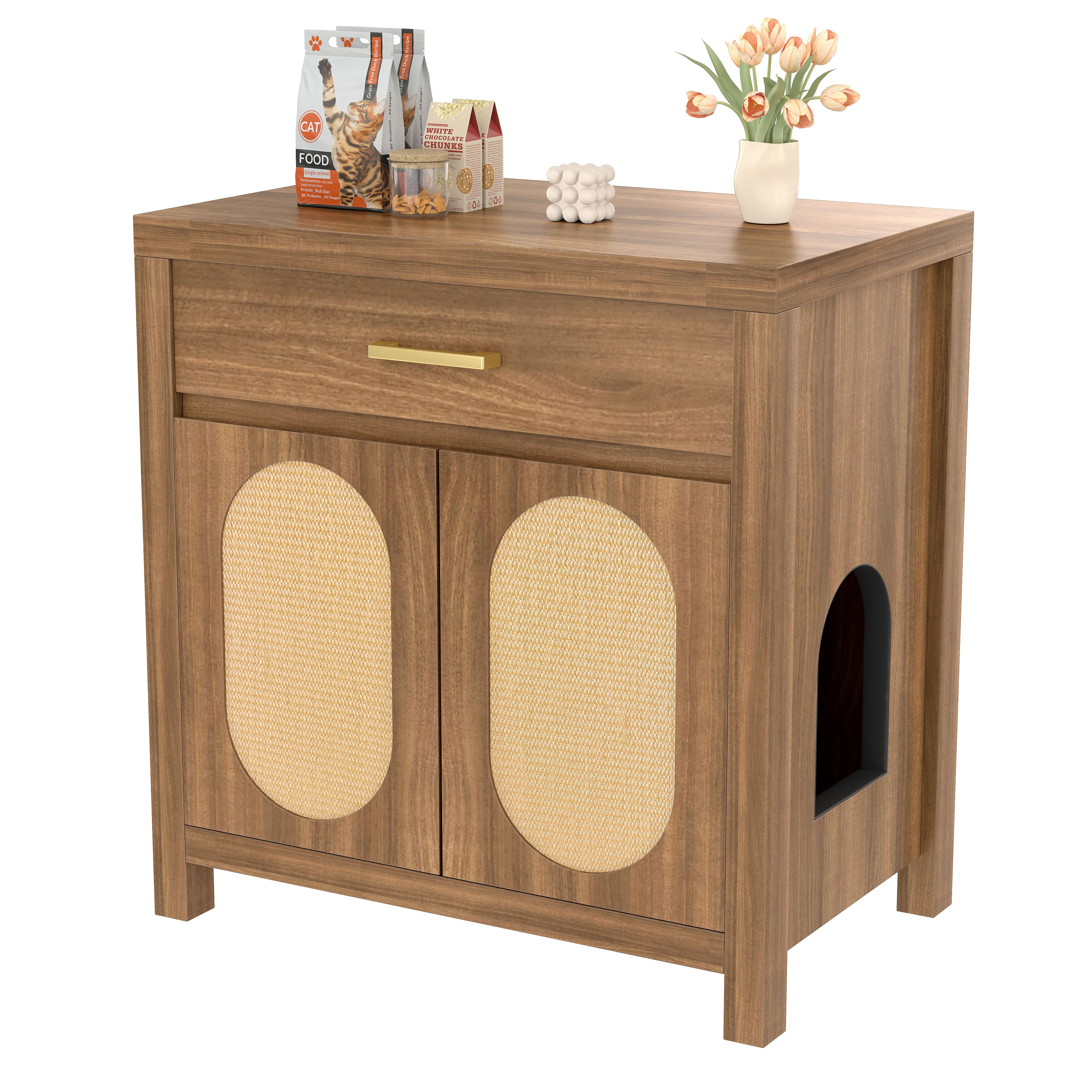 UPLLX Cat Litter Box Enclosure Furniture, Hidden Wooden Cat House with Scratching Doors, Storage Drawer, Side Table Cabinet, Espresso