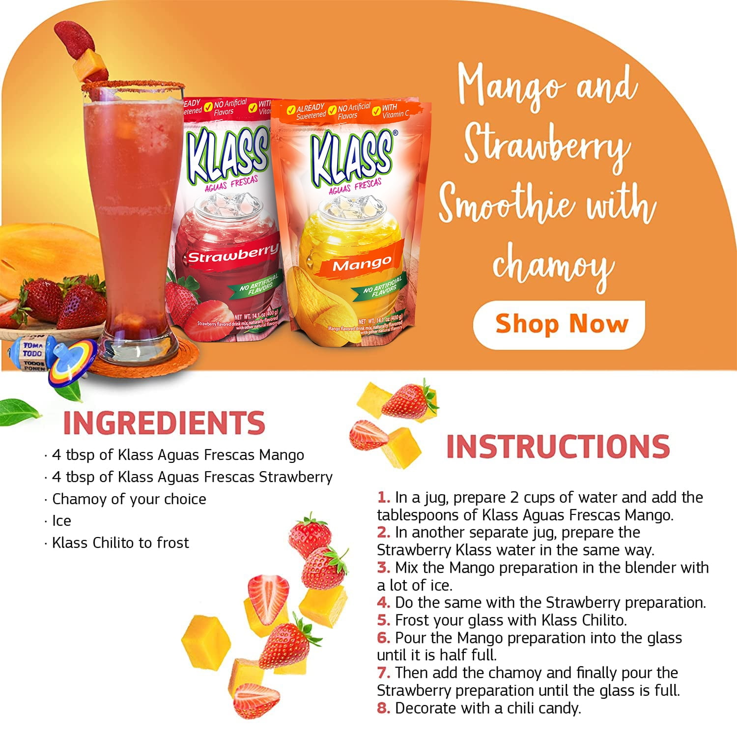 (2 pack) Klass Aguas Frescas Mango, with Vitamin C, Multiserve, Powdered Drink Mix, 14.1oz