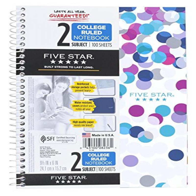 Five Star Spiral Notebook, 2 Subject, College Ruled Paper, 100 Sheets