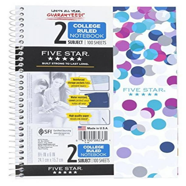 Five Star Spiral Notebook, 2 Subject, College Ruled Paper, 100 Sheets
