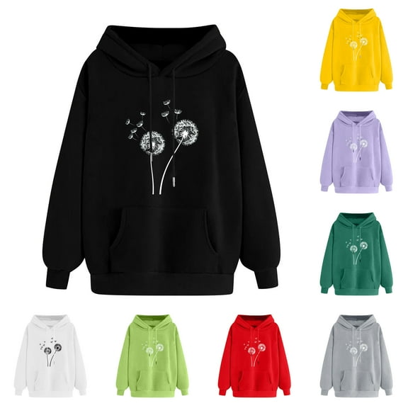 Jinhomg Cute Fall Sweatshirt for Women Trendy Dandelion Printed Hoodies Lightweight Comfy Long Sleeve Hooded Pullover Daily Wear Army Green S