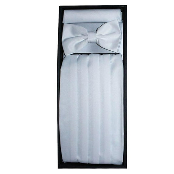 Berlioni Men's Formal Cummerbund Bowtie Hanky Set Tuxedo Accessories Weddings Prom Wear 4-Pleat Soft Satin Finish Silver
