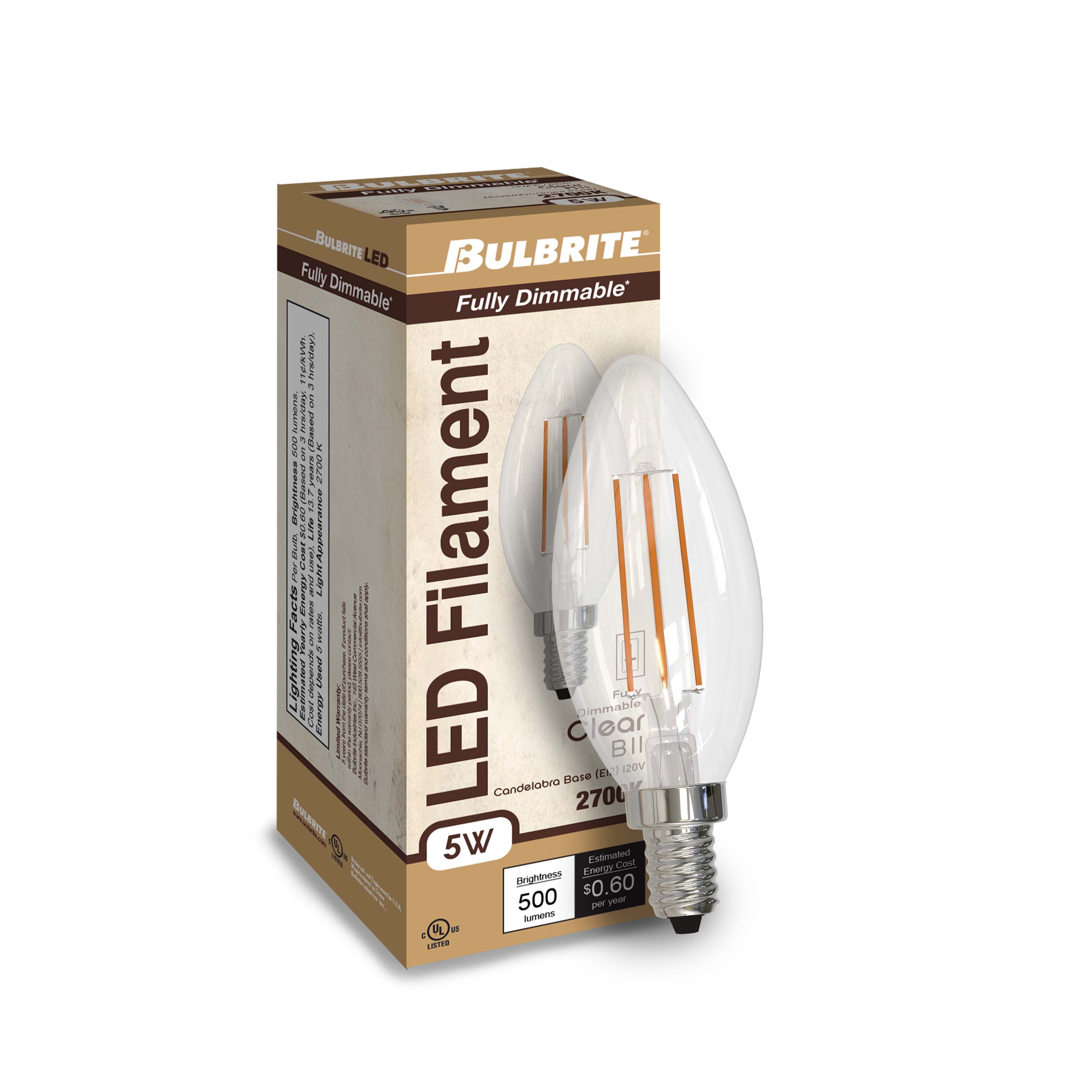 Bulbrite Pack of (4) 5 Watt Dimmable Clear Filament B11 Candelabra (E12) LED Bulb - 500 Lumens, 2700K, and 80 CRI