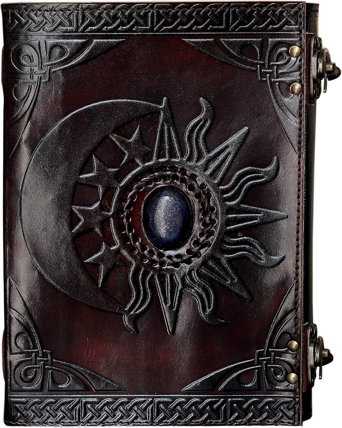 Leather Journal with  and Moon Embossing and Blue Stone Detail - Vintage Water Buffalo Diary for Writing Sketching