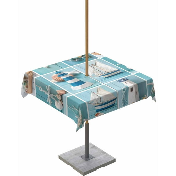 Hokiten Outdoor Tablecloths with Umbrella Hole & Zipper, Coastal Ocean 60x60 Inch Square Tablecloths, Nautical Lighthouse Blue Wooden Waterproof Table Cloth, Patio/Pool/Picnic Table Covers