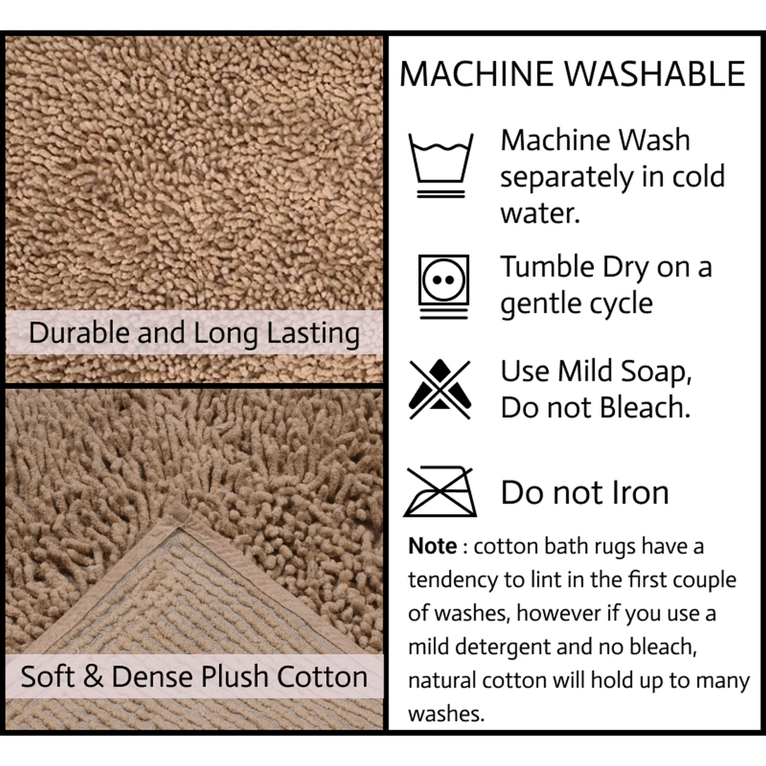 Home Weavers Fantasia Bath Rug 100% Cotton Non-Slip Bathroom Rug Set Machine Washable Bathroom Rug-17"x24", Bath Rug- 21"x34", Linen Color 2 Piece Bath Carpet set