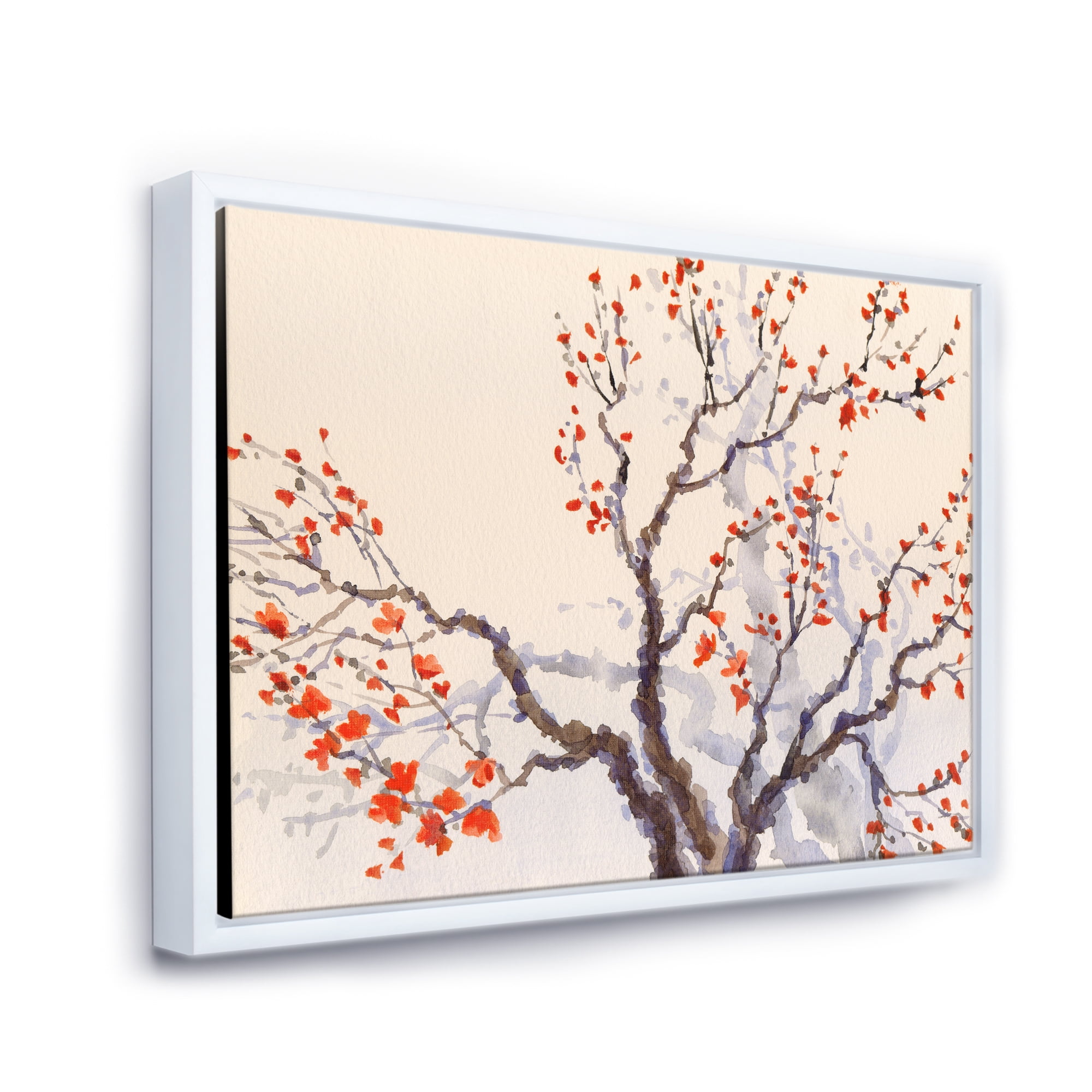 Designart 'Buds and Red Flowers On The Spring Blossoming Tree' Traditional Framed Canvas Wall Art Print