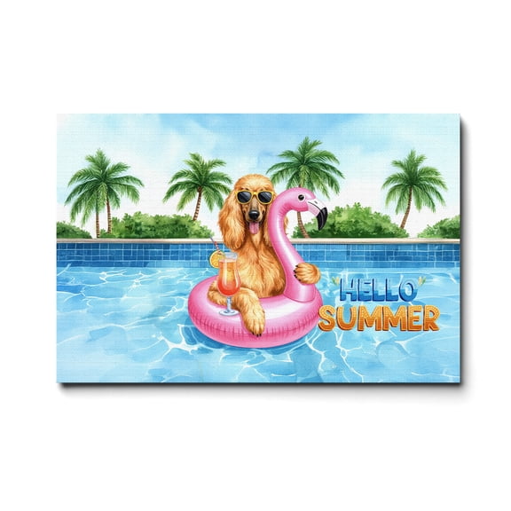 Hello Summer Afghan Hound at Swimming Pool Flamingo Swim Ring Horizontal Matte Canvas Poster Dog Lover Wall Art Home Decor - 12009