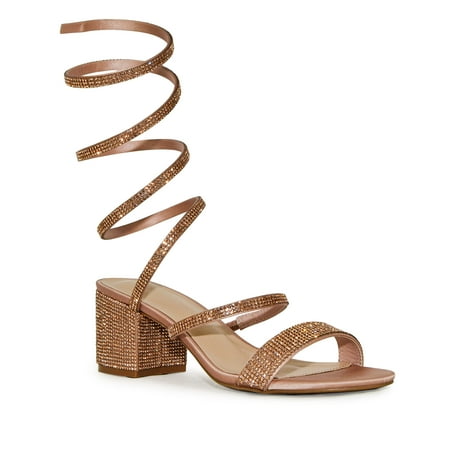 

Wild Diva Satin Rhinestone Spiral Ankle Strap Low Block Heels (Rose Gold 6)