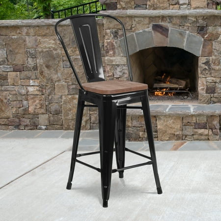 Flash Furniture 4 Pack 24 High Black Metal Counter Height Stool with Back and Wood Seat