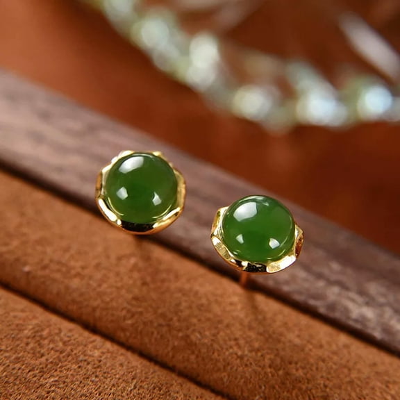 HOOUN Solid 925 Sterling Silver With Natural Green Jade Stud Earrings 8mm