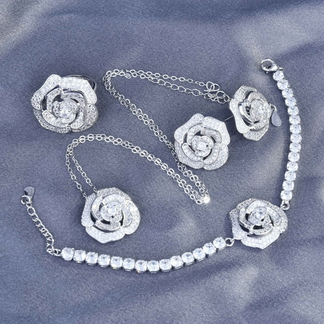 Pendientes de flor de camelia, anillos, colgantes, collares Pendientes de plata de ley con forma de camelia, joyería de flores de circonio cúbico para mujeres y niñas, juego de 4 piezas