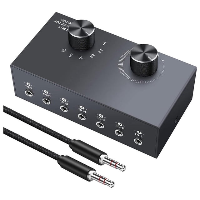 6 Ports 3.5mm Audio Switch Bidirectional 3.5mm Audio Switcher Support 1 in 6 Out or 6 in 1 Out,for PC Phone Headphone,1 * Switcher 1 * Audio Cable,Gray