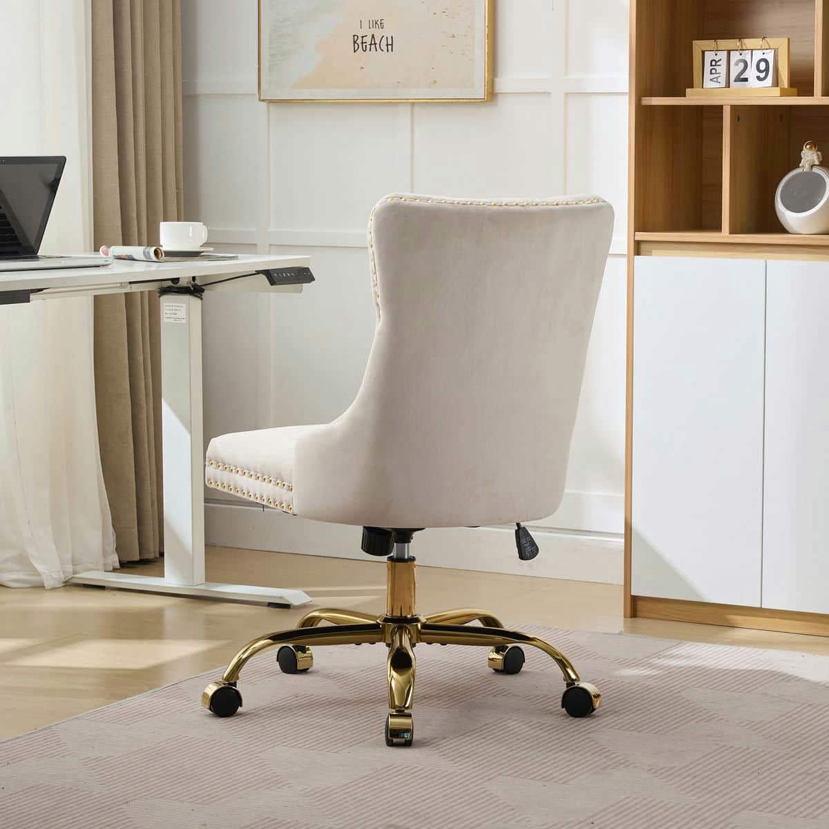 GVN Ergonomic Computer Chair, Home Office Desk Chairs,Office Chair with Golden Metal Base, Adjustable Desk Chair Swivel Office Chair (Beige)