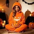 thumbnail image 1 of Swanpen Women Halloween Pumpkin Onesie Costume, Hooded Plush One Piece Pajamas, Cute Jack O' Lantern Jumpsuit for Halloween Party & Loungewear,Orange, 1 of 6