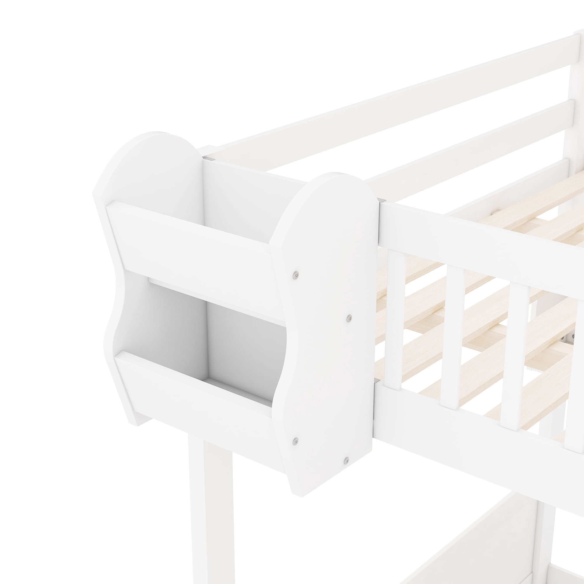 Euroco Wood Queen Size Loft Bed with Staircase and Wardrobe, Storage Bed with Cabinets and Shelves, White