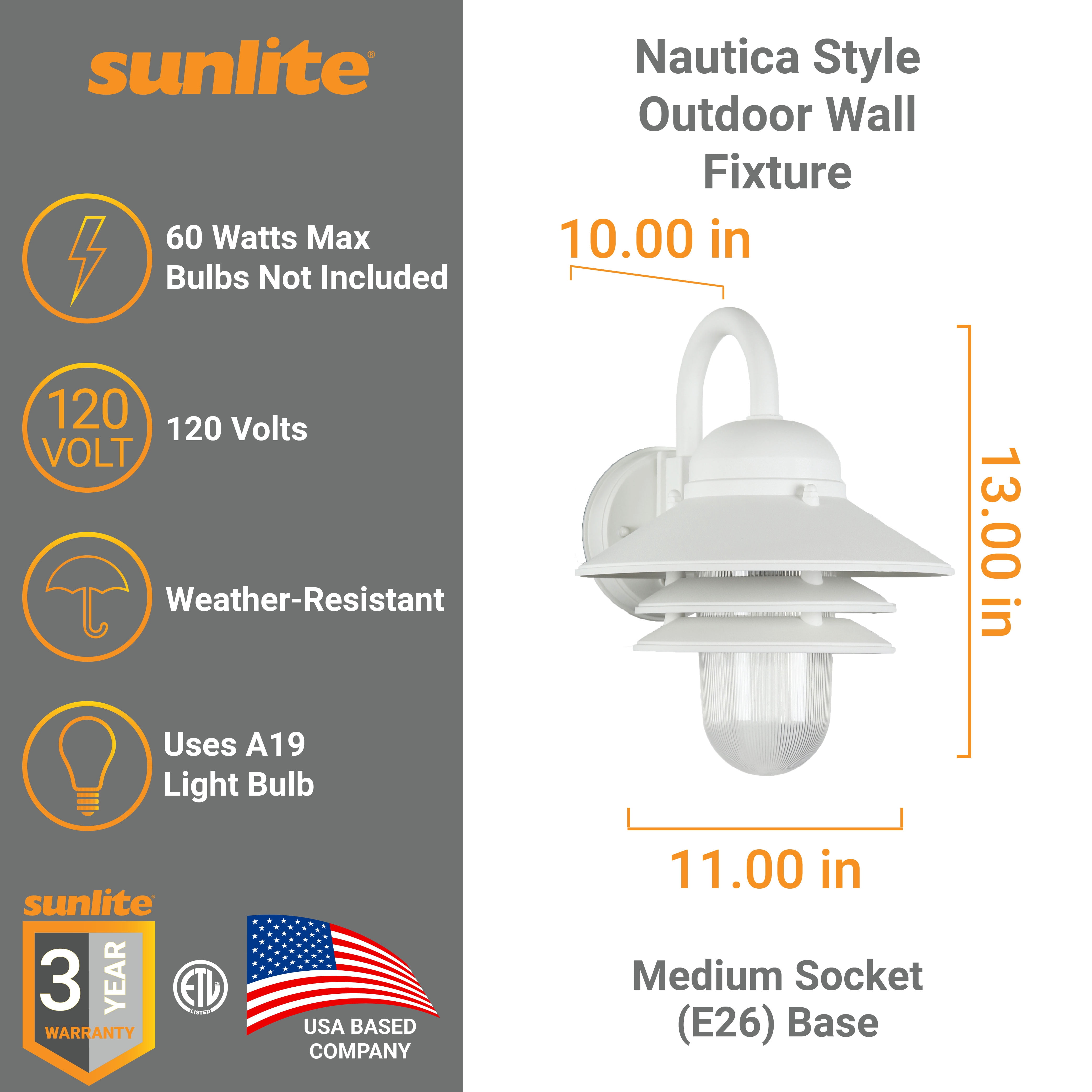 Sunlite Nautical Style Outdoor Wall Fixture, Medium Base Socket (E26), Weatherproof Polycarbonate, Prismatic Acrylic Lens, UL Listed, White Finish