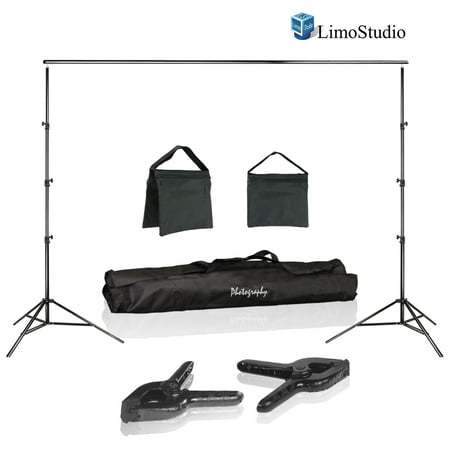 LimoStudio Photo Video Studio 10 ft. Width Adjustable Background Stand Backdrop Support Structure System Kit with Photo Clamp and Sand Bag, Photography Studio,