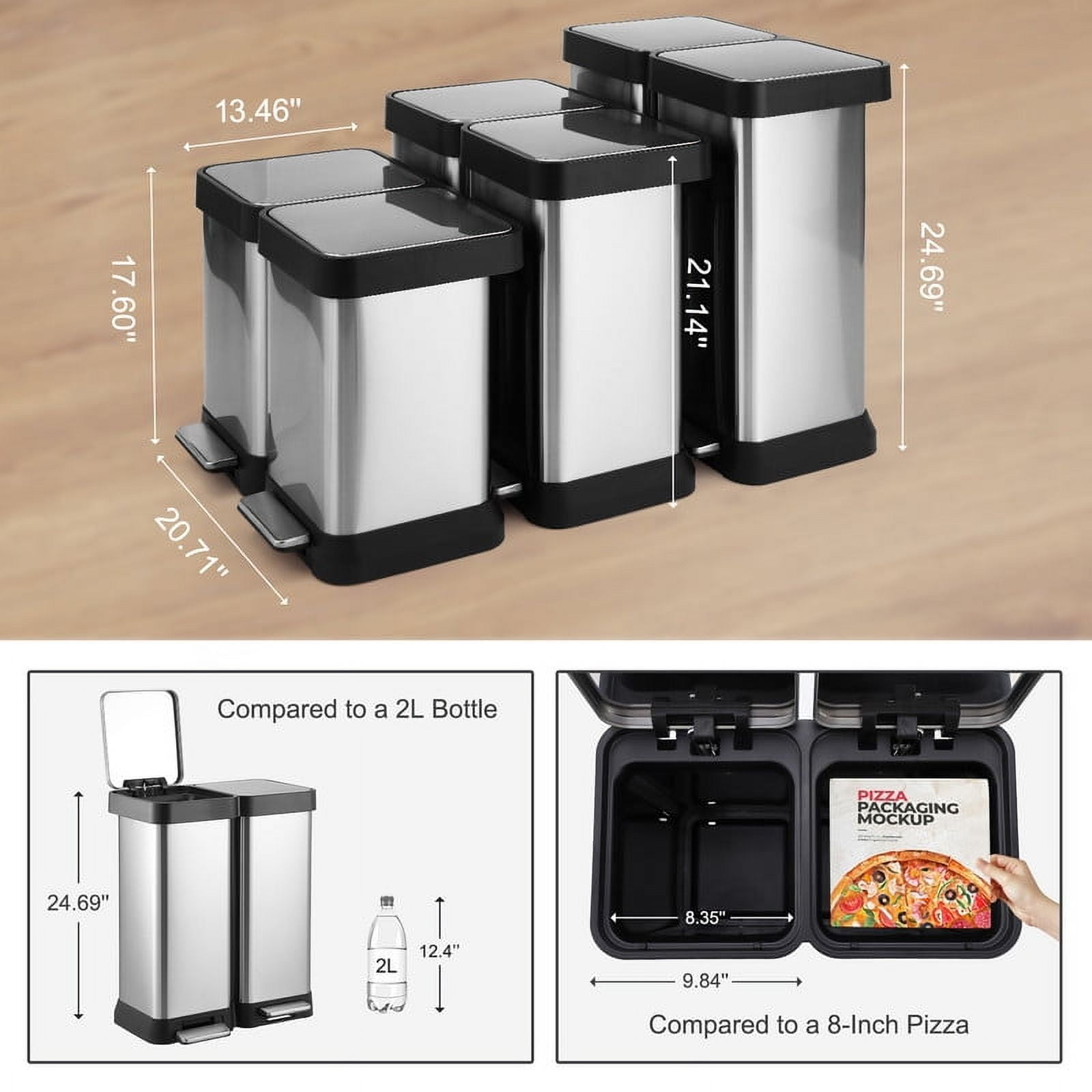 16 Gal Dual Garbage Can & Recycle Bin, 2 Compartments & 2 Pedal