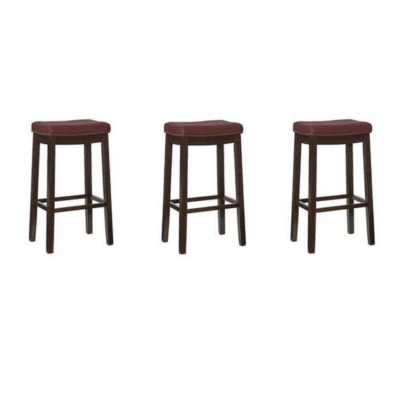 Riverbay Furniture Set of 3 Backless Bar Stool Red Faux Leather in Dark Brown
