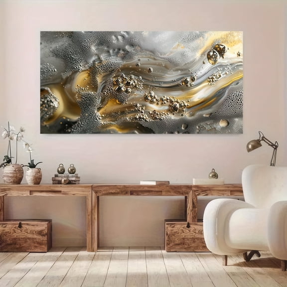 48 x 24 Inch Abstract Gold Gray Fluid Framed Canvas Wall Art, Marble Liquid Texture Print, Luxury Modern Home Wall Decor for Living Room Bedroom