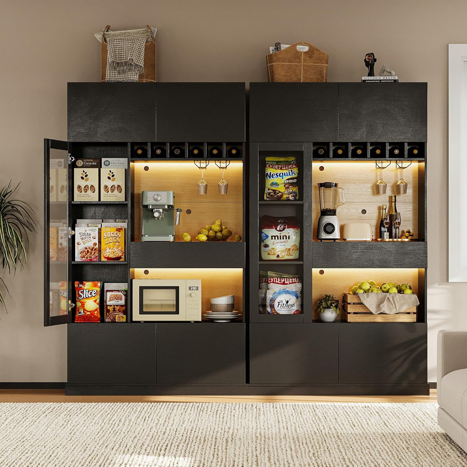 iPormis 69" Tall Kitchen Pantry Storage Cabinet with LED Light & Outlet, Kitchen Hutch with Microwave Stand & Wine Rack & Glass Door & Adjustable Shelf, Coffee Bar Hutch with Countertop, Black