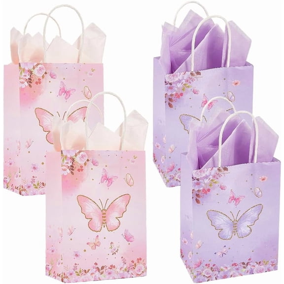 16Pcs Butterfly Party Favor Bags with Handles Pink Purple Flowers Treat Candy Small Floral Paper Bags for Birthday Party