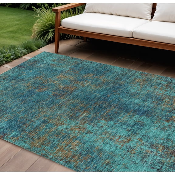 HomeRoots 612369 10 x 14 ft. Teal Blue, Navy Blue & Brown Abstract Washable Indoor & Outdoor Rectangle Area Rug