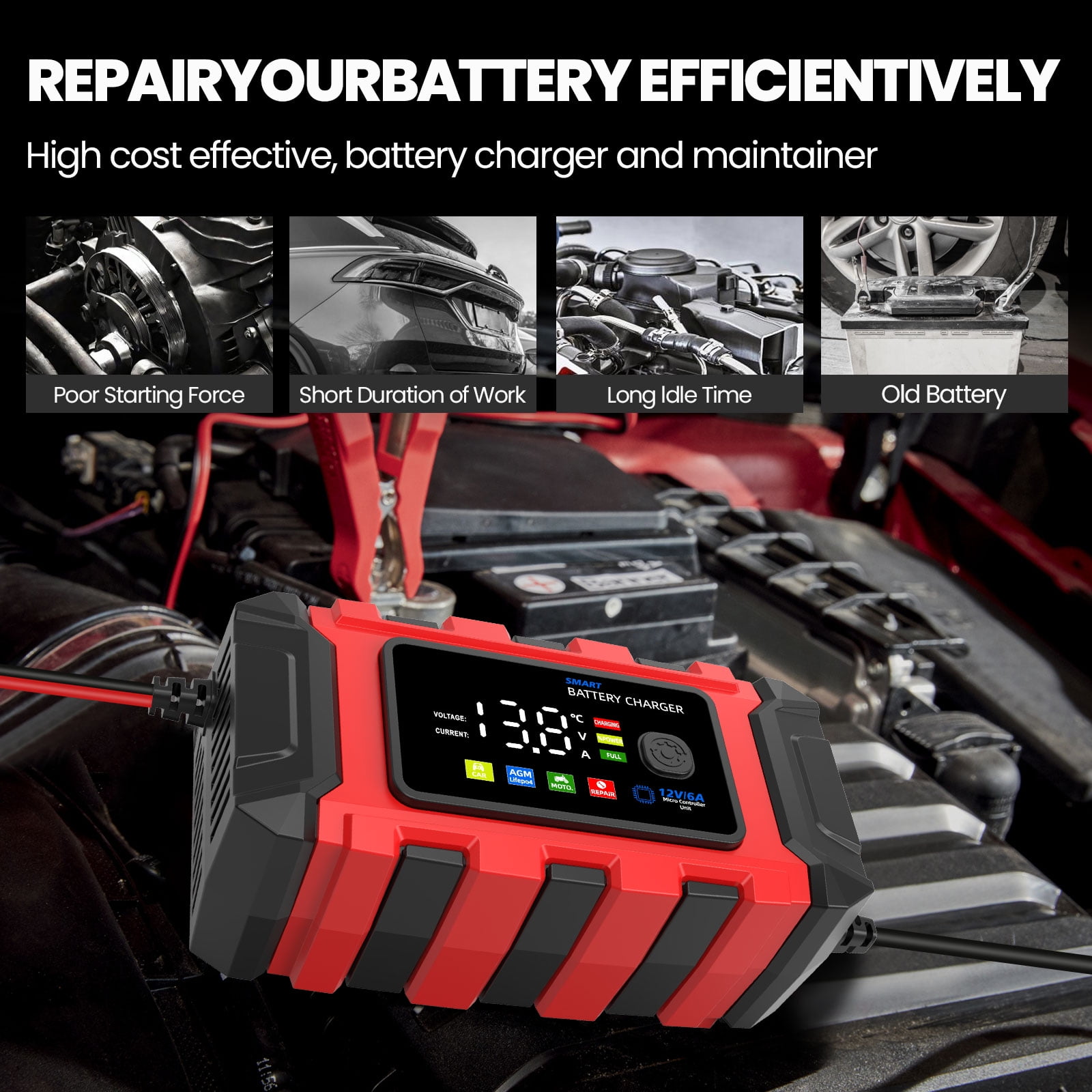 12V 6A Smart Automatic Maintainer Trickle Charger, 3-Stage Lead Acid AGM LiFePO4 Battery Charger for Cars Motorcycles Boats,Red