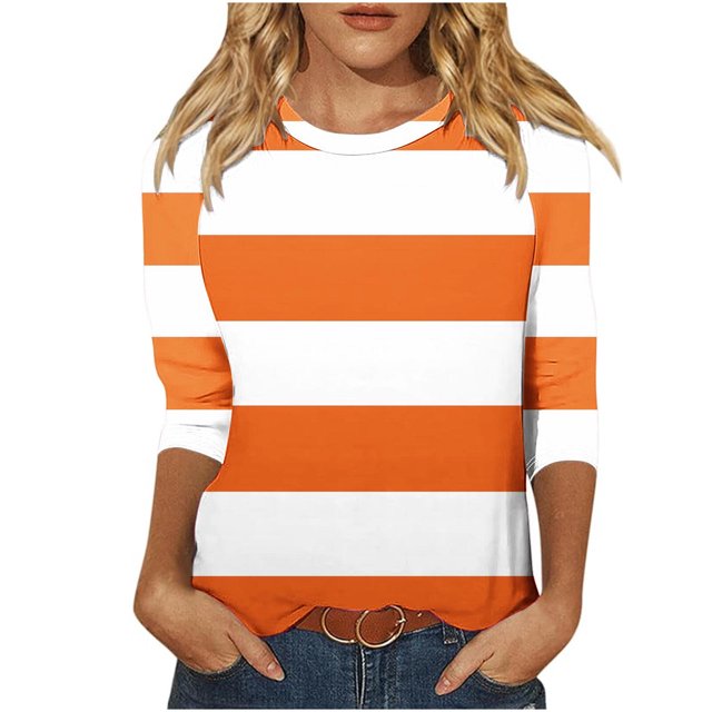Bowake Sweatshirts à Manches 3/4 Col Rond pour Femmes, Pull à Rayures Color Block, Tuniques Décontractées d'Automne