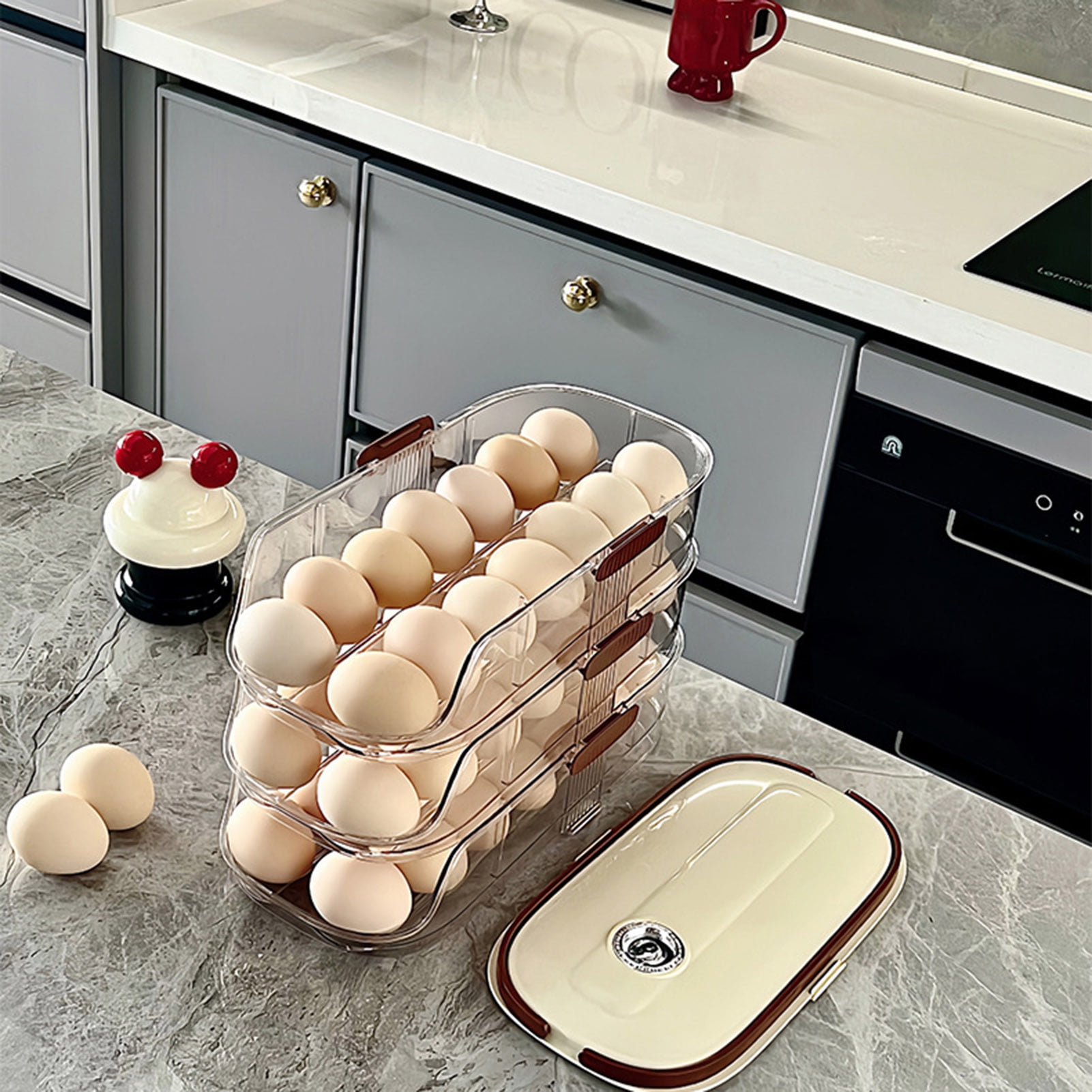 sunsanly Automatic Rolling Egg Container Fridge Storage Box Food Grade BPA Free Transparent Stackable Fridge Organizer with Lid