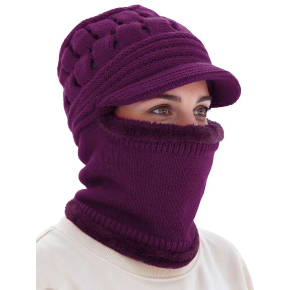 Spencer Womens Bib Beanie Hat One-Piece Scarf Mask Set Winter Warm Fleece Lined Knit Hat Neck Warmer Circle Scarf, Purple