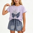 thumbnail image 4 of Girls Cotton 2 Piece Outfits Summer Cute Short Sleeve Rhinestone Bow Printed T-Shirt and Elastic Waist Denim Shorts Set Purple 1-2Years, 4 of 9